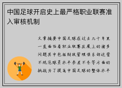 中国足球开启史上最严格职业联赛准入审核机制