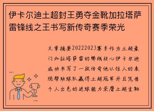 伊卡尔迪土超封王勇夺金靴加拉塔萨雷锋线之王书写新传奇赛季荣光