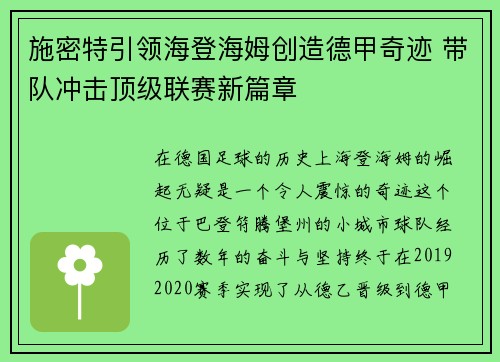 施密特引领海登海姆创造德甲奇迹 带队冲击顶级联赛新篇章 施密特引领海登海姆创造德甲奇迹 带队冲击顶级联赛新篇章